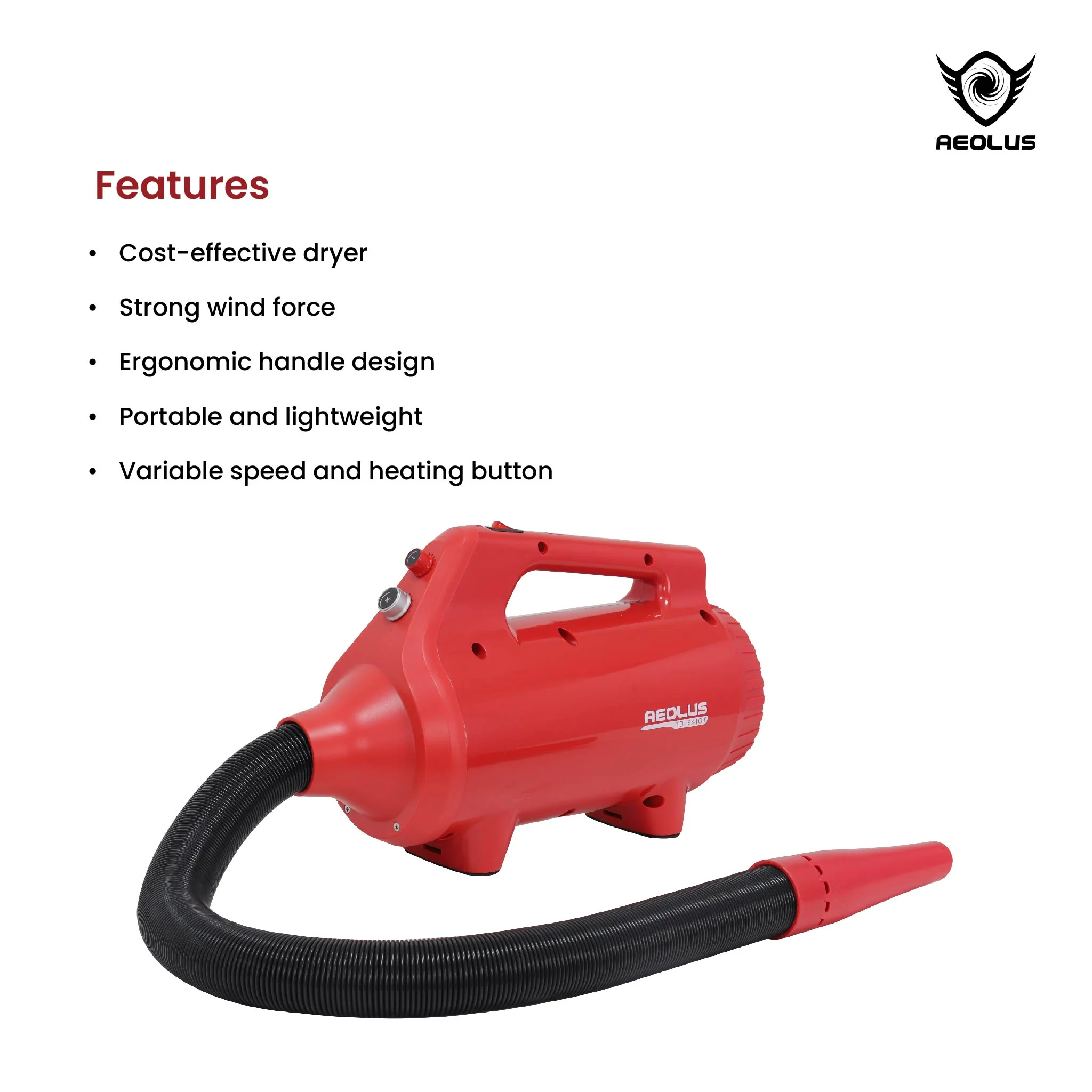 Aeolus Super Cyclone Single Motor Pet Hair Dryer (Red) - Image 5